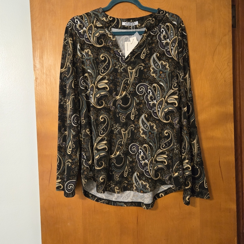NWT Roswear Paisley Long Sleeve Top Black Tan Size XL